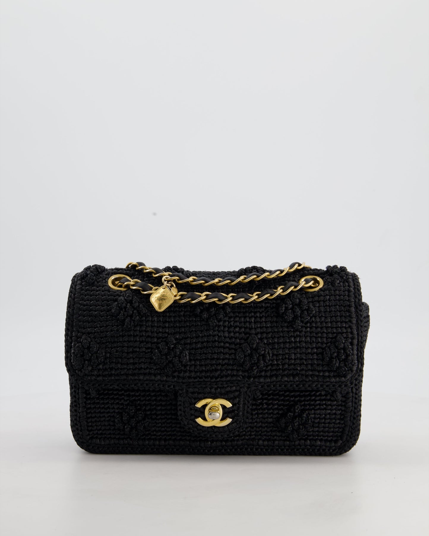 *HOT* Chanel Black Crocheted Raffia Small Single Flap Cross-Body Bag with Antique Gold Hardware
