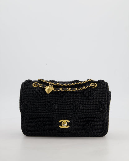 *HOT* Chanel Black Crocheted Raffia Small Single Flap Cross-Body Bag with Antique Gold Hardware