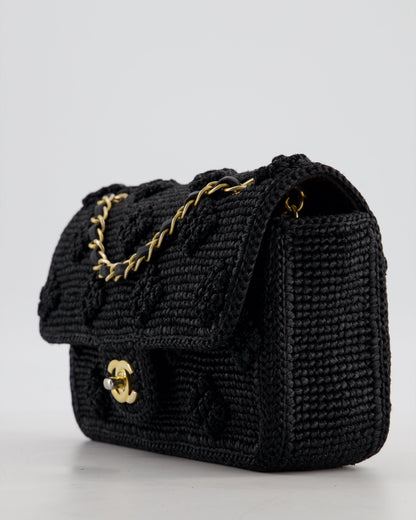 *HOT* Chanel Black Crocheted Raffia Small Single Flap Cross-Body Bag with Antique Gold Hardware