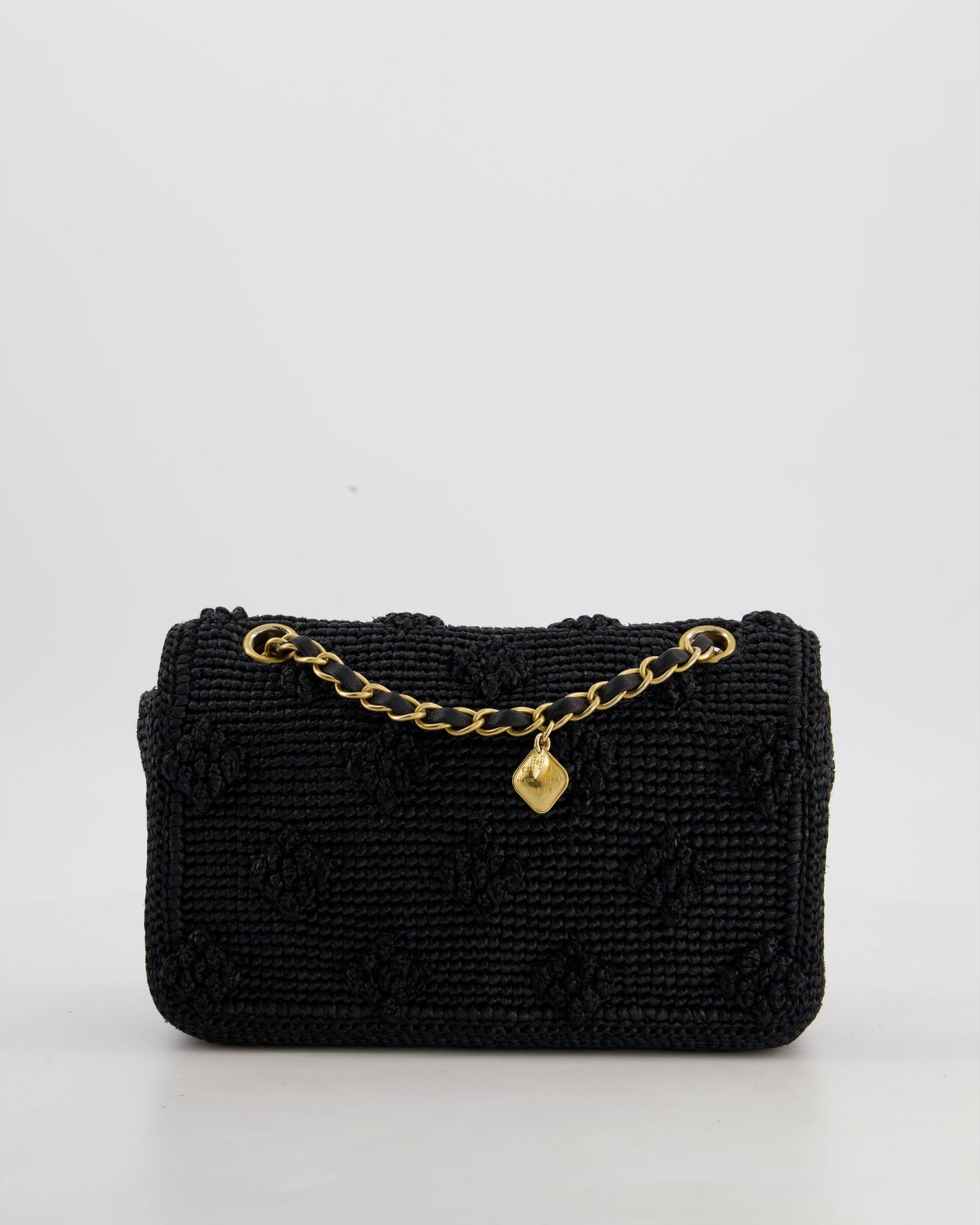 *HOT* Chanel Black Crocheted Raffia Small Single Flap Cross-Body Bag with Antique Gold Hardware