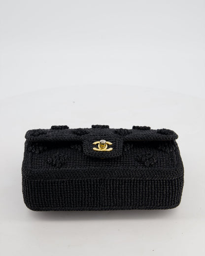 *HOT* Chanel Black Crocheted Raffia Small Single Flap Cross-Body Bag with Antique Gold Hardware