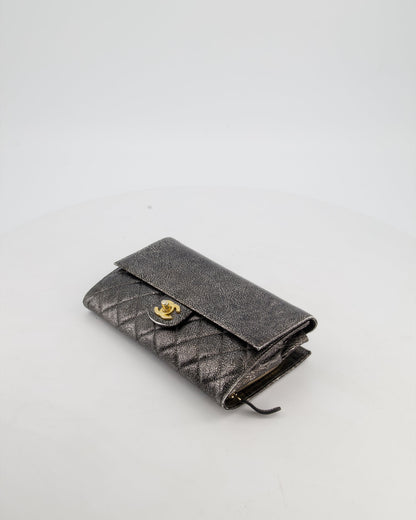 Chanel Black, Cracked Silver Metallic Wallet on Chain Bag in Calfskin Leather with Antique Gold Hardware