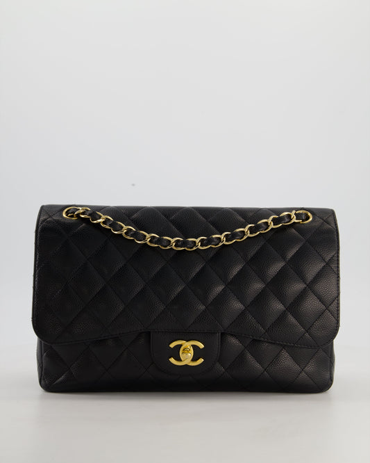 Chanel Black Jumbo Classic Double Flap Bag in Caviar Leather with Gold Hardware
