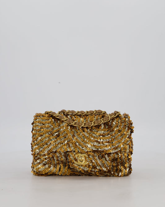 Chanel Classic Single Flap Bag in Metallic Gold and Silver Sequin with Gold Hardware