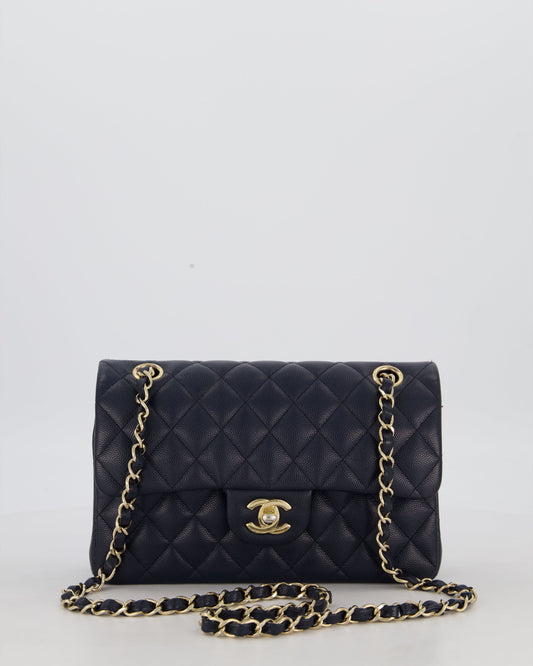 Chanel Navy Small Classic Double Flap Bag in Caviar Leather with Champagne Gold Hardware