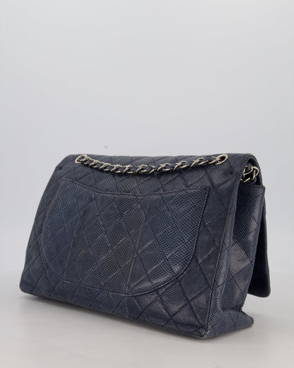 Chanel Blue Classic Maxi Double Flap in Exotic Python Leather with Silver Hardware