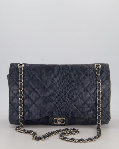 Chanel Blue Classic Maxi Double Flap in Exotic Python Leather with Silver Hardware
