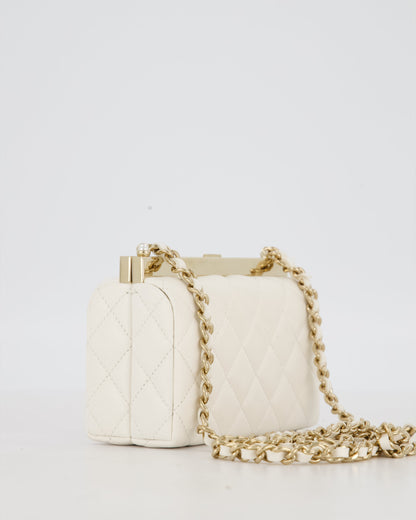 *HOT* Chanel White 2023 Métiers d'art Quilted Micro Bag in Lambskin Leather with Champagne Gold Hardware & Pearl CC Details