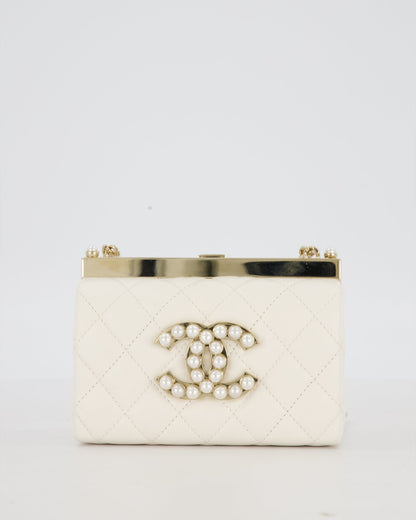 *HOT* Chanel White 2023 Métiers d'art Quilted Micro Bag in Lambskin Leather with Champagne Gold Hardware & Pearl CC Details