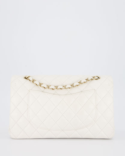 Chanel White Medium Classic Double Flap Bag in Caviar Leather with Champagne Gold Hardware