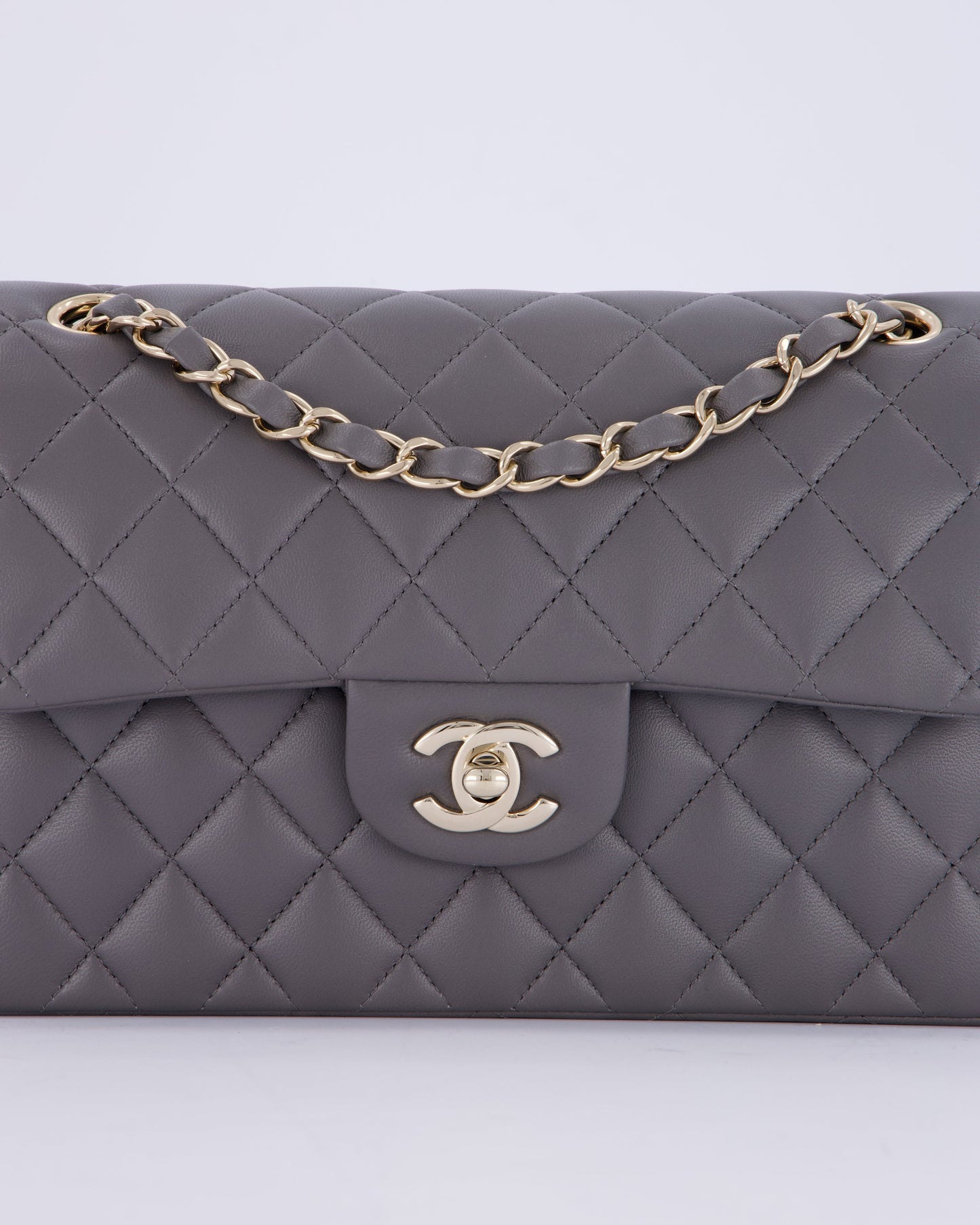 Chanel Dark Grey Small Classic Double Flap Bag in Lambskin Leather with Champagne Gold Hardware