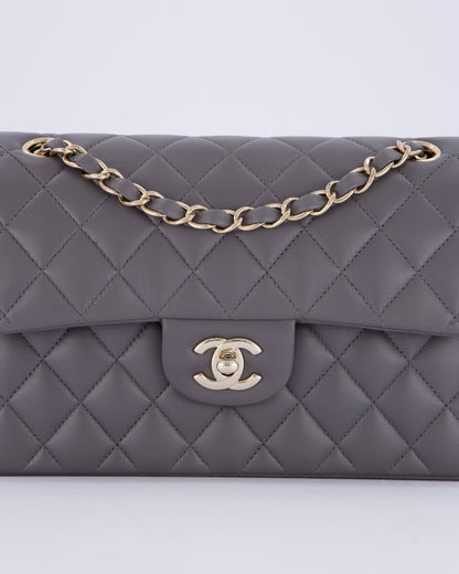 Chanel Dark Grey Small Classic Double Flap Bag in Lambskin Leather with Champagne Gold Hardware