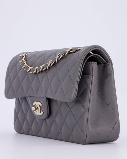 Chanel Dark Grey Small Classic Double Flap Bag in Lambskin Leather with Champagne Gold Hardware