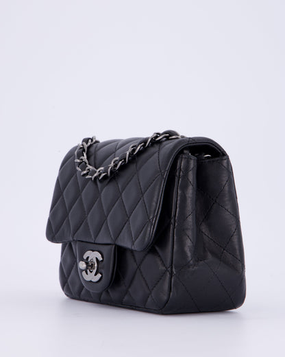 Chanel Black Mini Square Classic Flap Bag in Quilted Lambskin Leather with Ruthenium Hardware