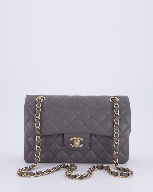 Chanel Dark Grey Small Classic Double Flap Bag in Lambskin Leather with Champagne Gold Hardware