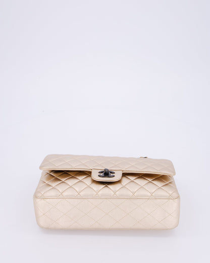 *RARE* Chanel Metallic Gold Medium Classic Double Flap Bag in Lambskin Leather with So Black Hardware