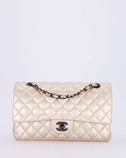 *RARE* Chanel Metallic Gold Medium Classic Double Flap Bag in Lambskin Leather with So Black Hardware