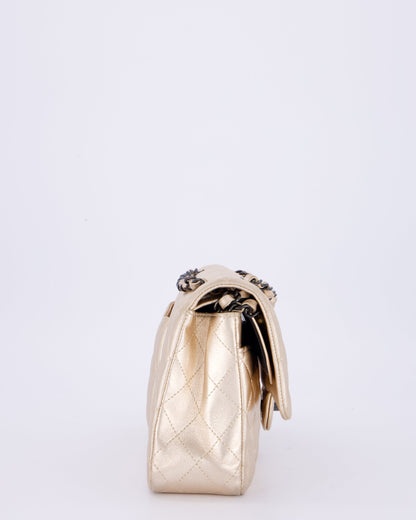 *RARE* Chanel Metallic Gold Medium Classic Double Flap Bag in Lambskin Leather with So Black Hardware