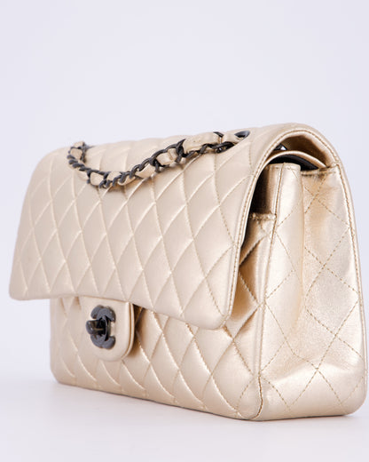 *RARE* Chanel Metallic Gold Medium Classic Double Flap Bag in Lambskin Leather with So Black Hardware