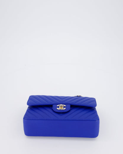Chanel Small Classic Double Flap Bag in Electric Blue Chevron Caviar Leather with Champagne Gold Hardware