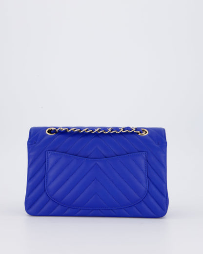 Chanel Small Classic Double Flap Bag in Electric Blue Chevron Caviar Leather with Champagne Gold Hardware