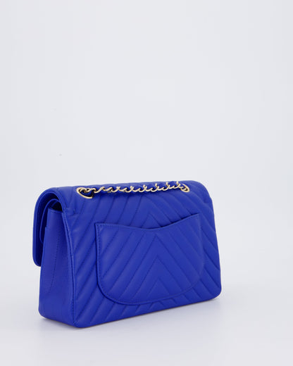 Chanel Small Classic Double Flap Bag in Electric Blue Chevron Caviar Leather with Champagne Gold Hardware
