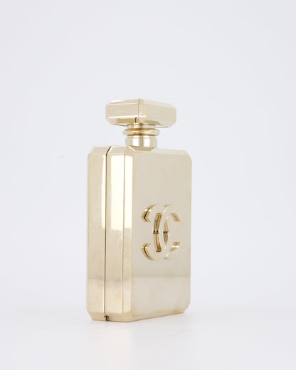 Chanel 2022 Gold Minaudière Perfume Bottle with Chanel CC Logo and Letter Details