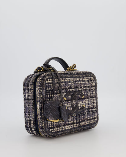 Chanel CC Medium Vanity Case Bag in Navy Tweed and Python Leather with Brushed Gold Hardware