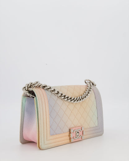 Chanel Medium Boy Bag in Patel Rainbow Caviar Leather withvSilver and Pink Enamel Hardware