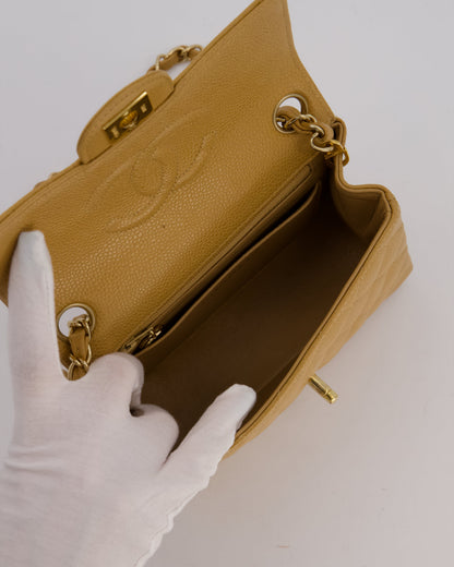 Chanel Vintage Mini Square Single Flap Bag In Caramel Caviar Leather With 24K Gold Hardware