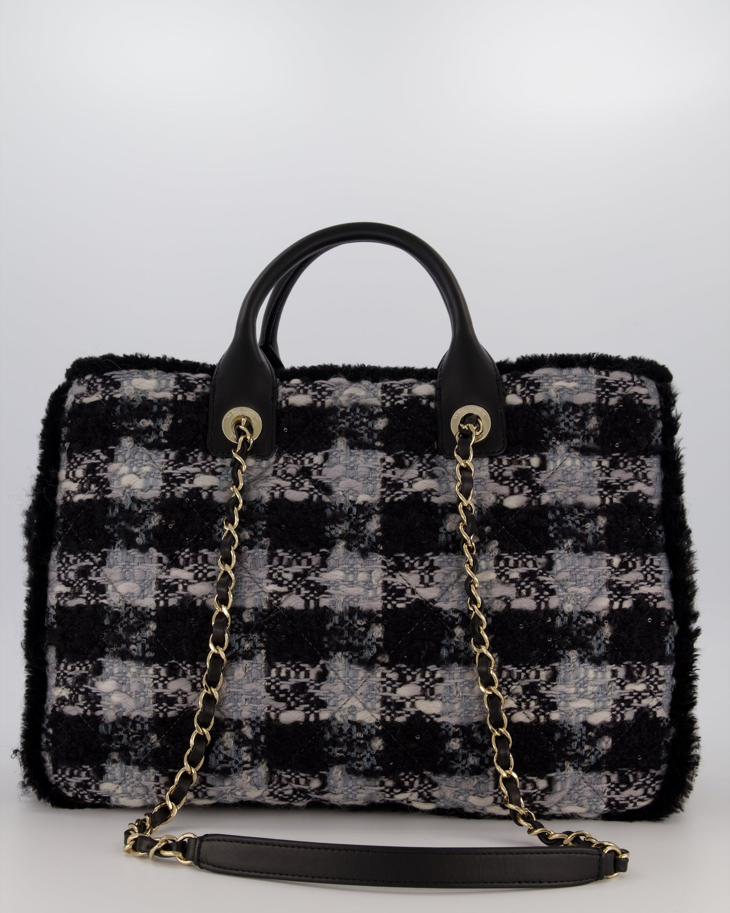 Chanel 25N Grey and Black Oqilted Tweed Shopping Tote Bag With Champagne Gold Hardware and Leather Handle
