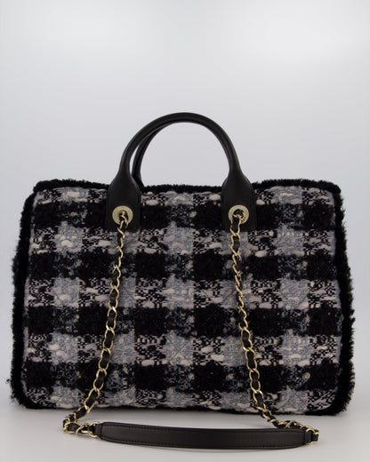 Chanel 25N Grey and Black Oqilted Tweed Shopping Tote Bag With Champagne Gold Hardware and Leather Handle