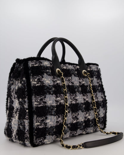 Chanel 25N Grey and Black Oqilted Tweed Shopping Tote Bag With Champagne Gold Hardware and Leather Handle