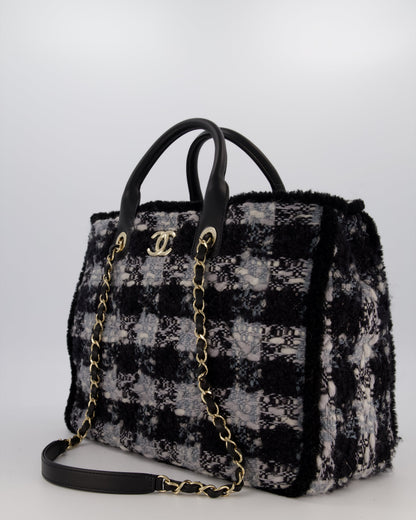 Chanel 25N Grey and Black Oqilted Tweed Shopping Tote Bag With Champagne Gold Hardware and Leather Handle