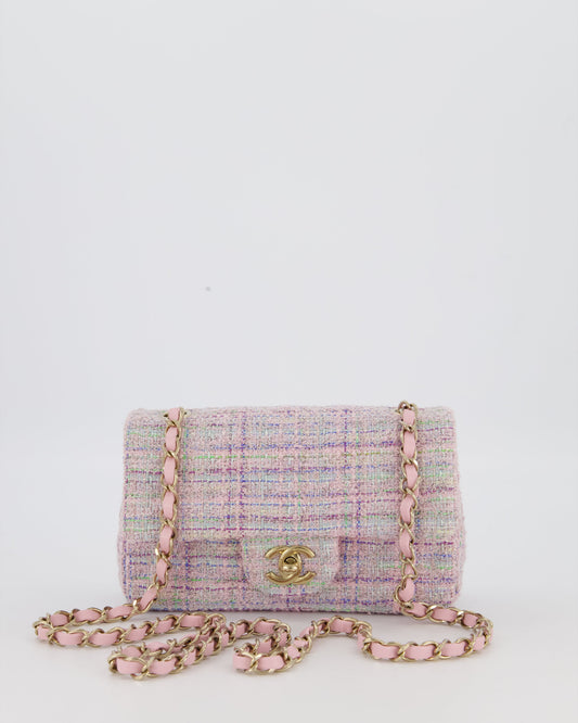 Chanel Lilac, Blue and Green Tweed Mini Rectangular Single Flap Bag with Gold Hardware