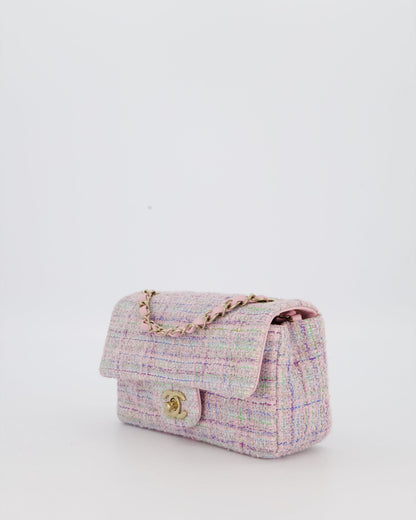 Chanel Lilac, Blue and Green Tweed Mini Rectangular Single Flap Bag with Gold Hardware