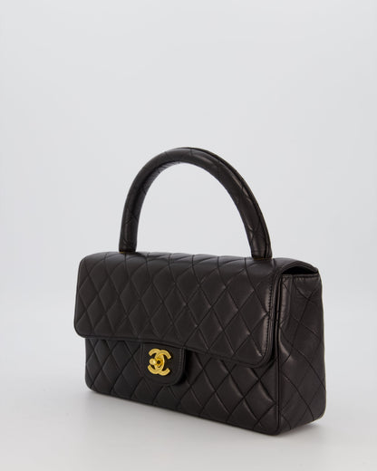 Chanel Black Vintage Top Handle Medium Single Flap Bag in Lambskin Leather with 24K Gold Hardware