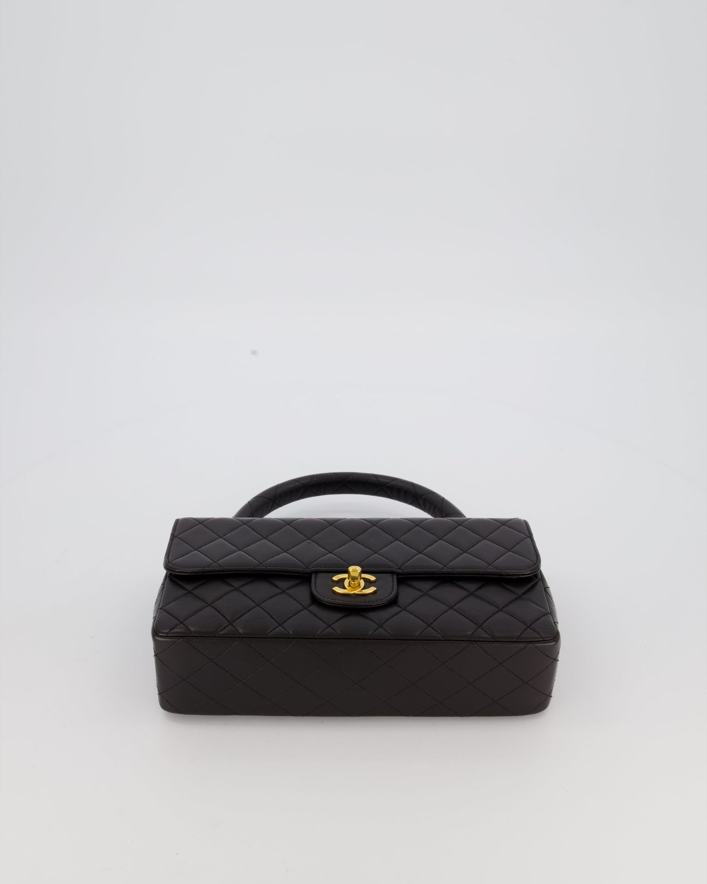 Chanel Black Vintage Top Handle Medium Single Flap Bag in Lambskin Leather with 24K Gold Hardware