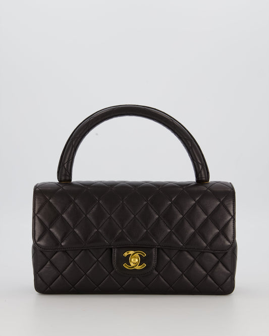 Chanel Black Vintage Top Handle Medium Single Flap Bag in Lambskin Leather with 24K Gold Hardware