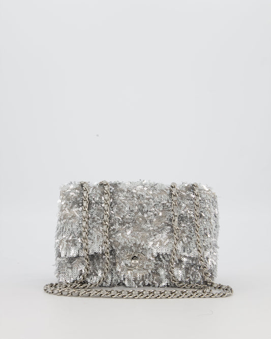 Chanel 25/S Mini Flap Bag in Silver Sequins with Silver Hardware