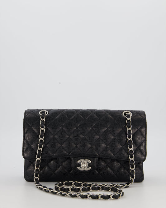 Chanel Black Classic Medium Double Flap Bag in Caviar Leather with Silver Hardware
