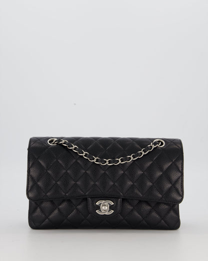 Chanel Black Classic Medium Double Flap Bag in Caviar Leather with Silver Hardware