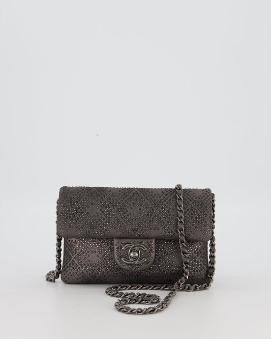 Chanel Grey Embellished Rhinestones Mini Flap Bag in Suede Leather With Gunmetal Hardware