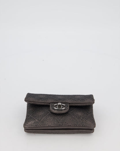 Chanel Grey Embellished Rhinestones Mini Flap Bag in Suede Leather With Gunmetal Hardware