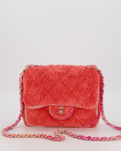 Chanel Pink Terry Cloth Quilted Square Flap Bag with Silver Hardware