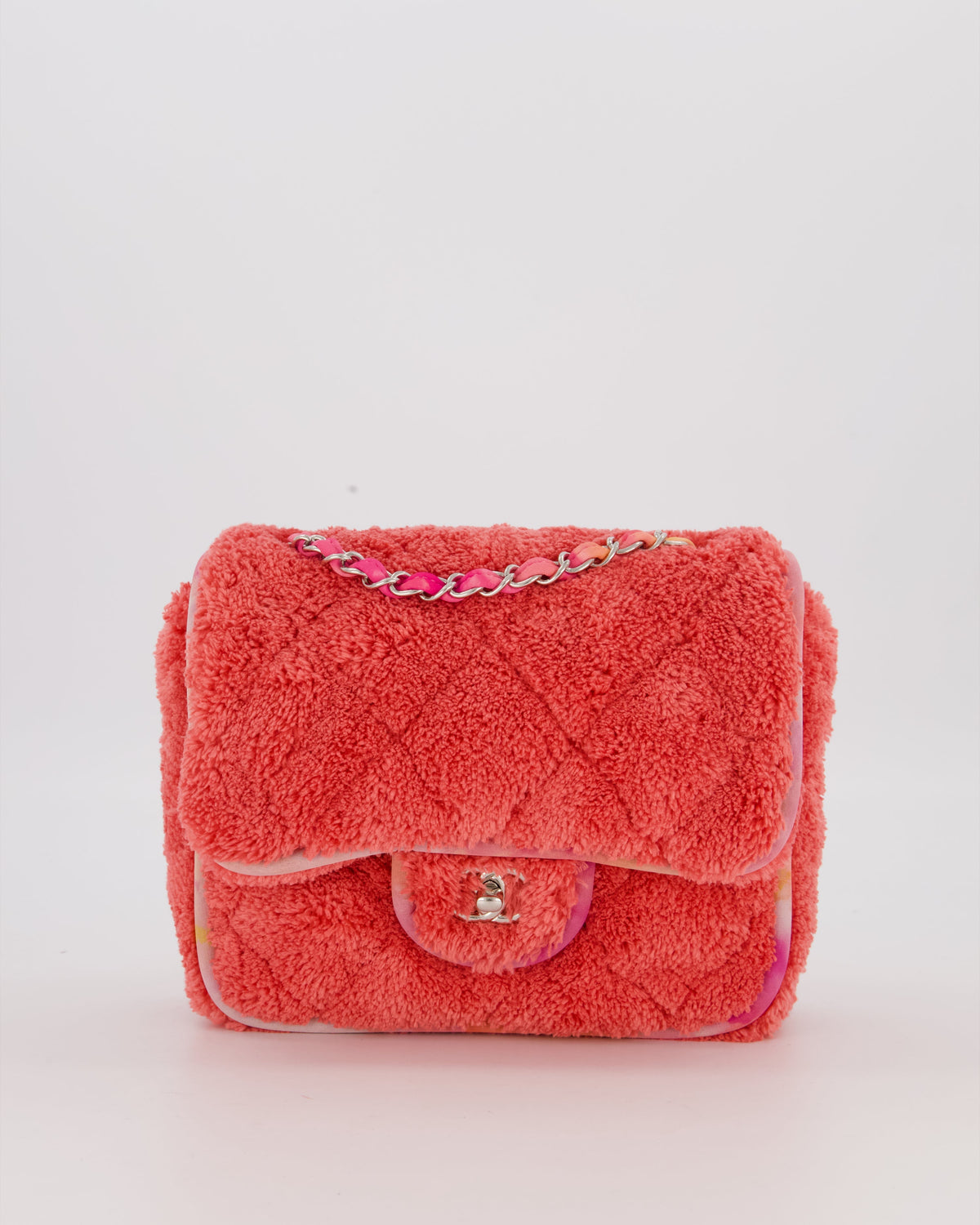 Chanel Pink Terry Cloth Quilted Square Flap Bag with Silver Hardware
