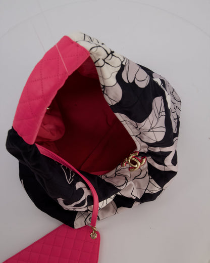 Chanel Black and White Camellia Large Hobo Bag in Fabric with Pink Interior and Gold Hardware
