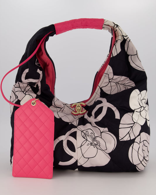 Chanel Black and White Camellia Large Hobo Bag in Fabric with Pink Interior and Gold Hardware