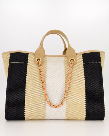 *HOT* Chanel Beige, Black and White Raffia Medium Deauville Tote Bag with Pastel Logo and Champagne Gold Hardware