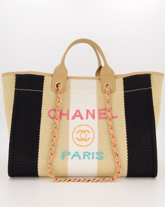 *HOT* Chanel Beige, Black and White Raffia Medium Deauville Tote Bag with Pastel Logo and Champagne Gold Hardware